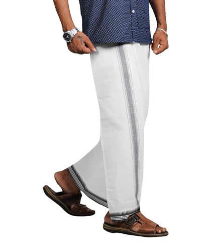 PRAKASAM COTTON Men Cotton Kerala Thalapathi Border Flexi Size (Adjustable) Welcro Pocket Single Dhoti -White Colour