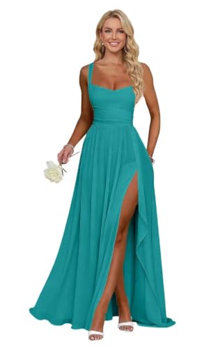 Women's Bridesmaid Spaghetti Straps Chiffon Dresses Long with Slit Square Neck A-Line Aqua Blue Maid of Honor Dress Pleated Long Chiffon Formal Aqua Blue Wedding Guest Dress US14