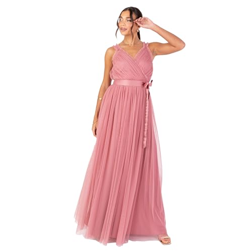 Anaya with Love Women's Maxi Dress Ladies V-Neck Sleeveless Wrap Ruffle Trim Tie Belt Bow A-line Bridesmaid Wedding Guest Evening Prom, Dusty Rose 12