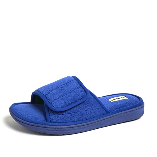 Dearfoams Men's Indoor/Outdoor Adjustable Machine Washable Memory Foam Terry Slide Slipper, Ocean Blue, 11-12 #TOP22