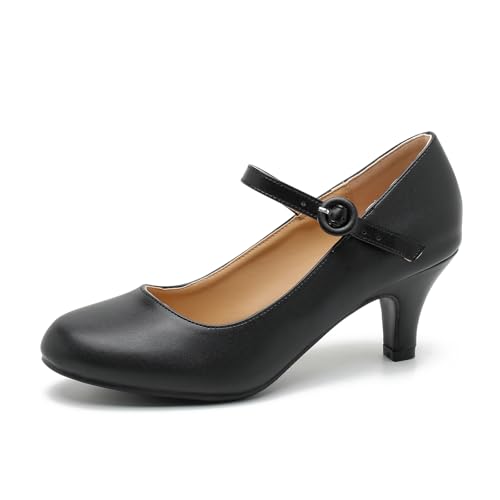 Image of Women's Vintage Mary Jane Shoes Dress Comfortable Low Kitten Heels Ankle Strap Closed Round Toe Office Work Wedding Pumps
