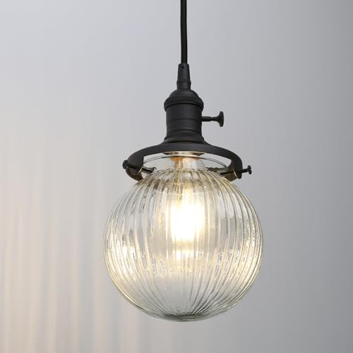 Image of Phansthy Kitchen Island Lighting, 3 Lights Linear Chandeliers, Hanging Light with 5.9 inch Globe Striped Glass Shade, 3-Light Pendant Light Fixtures for Dining Room Farmhouse (Black, Round Base)
