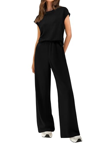 BTFBM Women Two Piece Outfits Summer Short Sleeve Knit Tops Wide Leg Pants Lounge Matching Sets Sweatsuit Airport