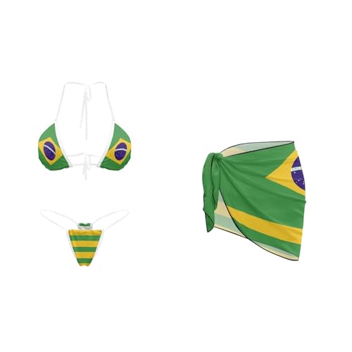 Tomeusey Traje de baño de 3 piezas para mujer, bikini de cintura alta, con pareo de playa, para cubrir el traje de baño, Bandera de Brasil, M