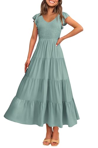 PRETTYGARDEN Women's Summer Flowy Maxi Dress Casual Cap Sleeve V Neck Smocked Beach Sundress