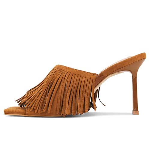 KISSASA Slingback Heels For Women,Stilettos High Kitten Heeled Fringe Mules Open Toe Slip On Heeled Slides Sandals Dress Party Pumps Shoes4