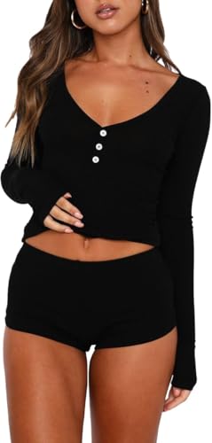 Image of REVETRO Fall Womens 2 Piece Pajama Sets Sexy PJ Shorts Y2k V Neck Long Sleeve Lounge Set Sleepwear with Button Down