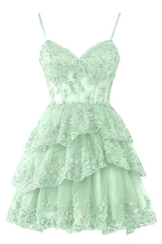 Lace Applique Tulle Homecoming Dresses for Teens 2025 Spaghetti Straps Tiered Short Sparkly Formal Party Gowns