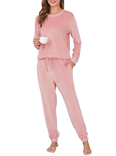 Wikoan Pyjama Damen Lang Schlafanzug Winter Zweiteiliger Pyjama Set Langarm Nachtwäsche Set Schlafanzüge Damen Frottee Rosa M