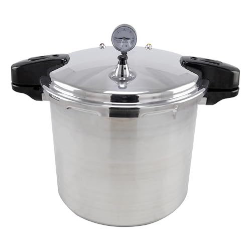 Image of NESCO 24 Quart Manual Pressure Canner, Pressure Cooker, with pressure guage, locking lid, and removing canning rack
