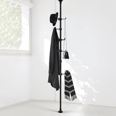 Sempicad Coat Rack Freestanding, 56 to 125 inch Adjustable Tension Rod Coat Hanger with 12 Hooks for Hanging Coat, Jacket, Hat, Scarf, Suitable for Living Room, Balcony, Kitchen Black… Cover