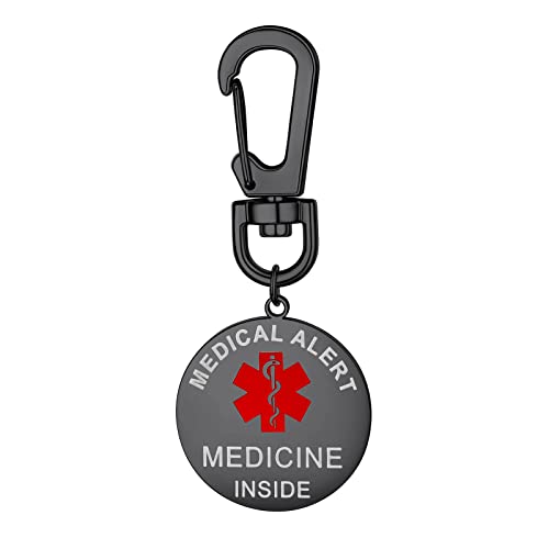 Supcare Black Medical Alert Keychain Mens Stainless Steel Dual-Sided Medicine Inside Bag Tag Type One Diabetic Keychain Gifts For Dad Fathers Day #TOP8