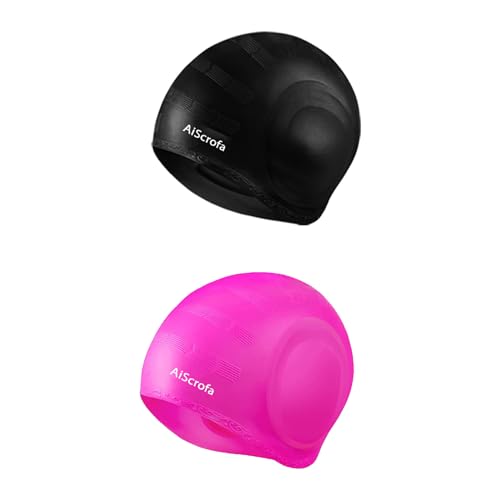 AiScrofa Unisex Swim Caps Cover Ears (2 Pack), Flexible Silicone Swimmer Caps for Long Hair Swimming, 3D Ear Protection,for Man & Women