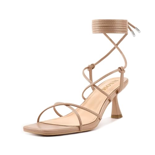 Image of ISNOM Strappy Sandals for Women Kitten Heels Lace Up Heels Stiletto Heels Wrap Around Heels with Square Toe