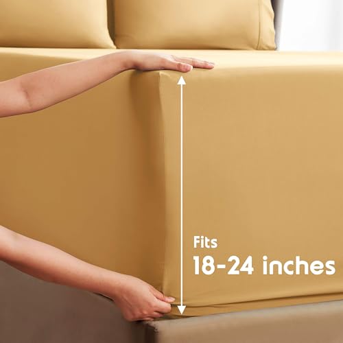 Image of Nestl Extra Deep Cal King Sheet Set - 6 Piece Breathable & Cooling Sheets - Hotel Luxury Bedding Set w /18-24 Inch Deep Pockets - Easy & Secure Fit - Super Soft, Wrinkle Free & Comfy - Camel Gold