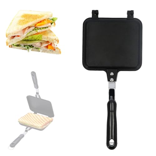 Double Sided Frying Pan Square Non Stick Breakfast Frying Pan Sandwich Bread Toast Baking Pancake Pan Turning Pan Breakfast Sandwich Maker with Heat Resistant Handle