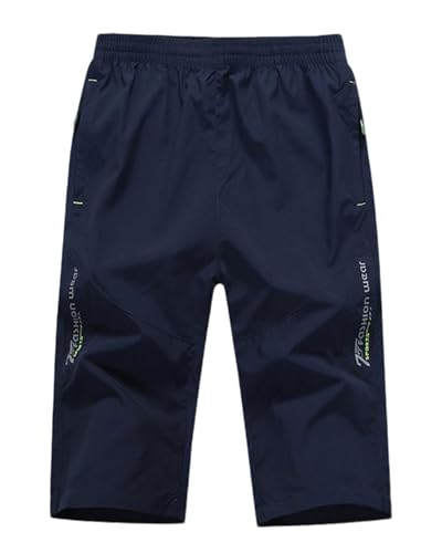 MakingDa 3/4 Length Shorts Men Summer Casual Baggy Lightweight Thin Below Knee Cargo Three Quarter Long Shorts with Zip Pocket Elastic Waist Cropped Trousers-X-Dark Blue-L