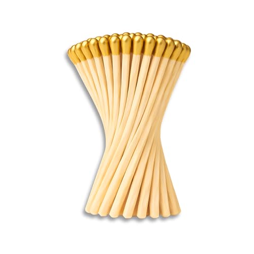 100 Count | 4 Shiny Gold Matches | Strikers Included | Color Tip Wooden Match | Refill for Matchstick Jars Candle Display Holders & Bottles | 4 in inches Long