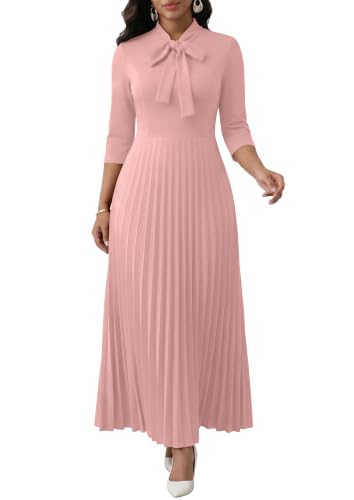 Image of FANDEE Maxi Dress for Women Formal 3 /4 Sleeve Pleated Empire Long Dress Semi Formal Tie Neck Office Work Dresses