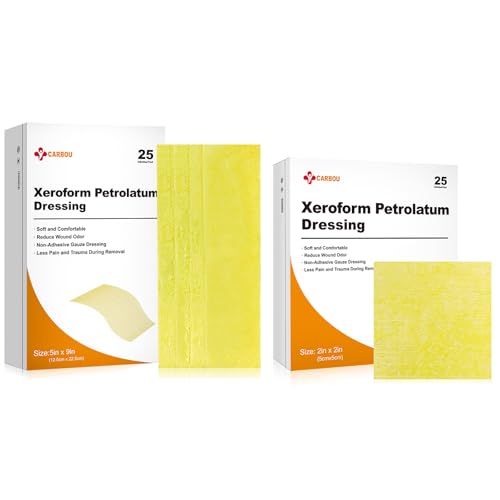 Carbou Medical Xeroform Petrolatum Dressing (5"x9" 25 Pack + 2"x2" 25 Pack), Gasas No-Adherentes, Parche de Malla Suave para Cuidado de Heridas, Quemaduras, Laceraciones, Injertos de Piel e Incisiones Quirúrgicas miniatura 1