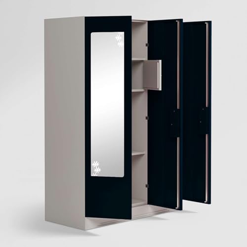 Image of Interio by Godrej Almirah Slimline 3-Door Steel Almirah, Cupboard for Clothes (Pacific Blue), 1-Year Warranty, 7 Shelves, 1 Locker, Star Design Mirror