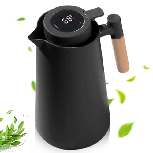 Carafe Isotherme 1L avec Indicateur de Température, Pichet Thermos à Café et Thé à Double Paroi, Doublure en Verre, Poignée en Bois, Gardant les Boissons...