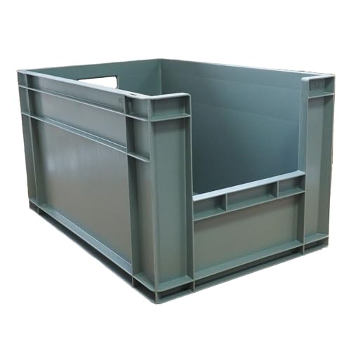 Industrial Plastic Storage Boxes, Stackable Heavy Duty Crate, Container Crates for Warehouse, Garage (GRAY, 63 lt - 60 x 40 x 34 cm)