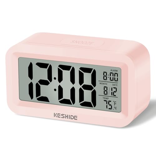 KESHIDE Travel Digital Alarm Clock Battery Operated with Indoor Temperature Desk Small Clock Snooze Model 12/24H Display for Bedrooms Heavy Sleepers Kids Travel Bathroom