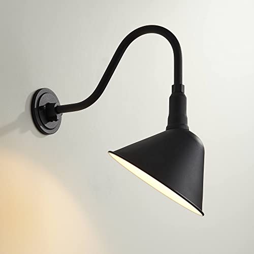 Image of Franklin Iron Works Neihart Industrial Barn Wall Light Sconce Black Hardwired 10 1 /2 inch Fixture Curving Gooseneck Metal Arm for Bedroom Bathroom Vanity Reading Living Room Hallway House Home Decor