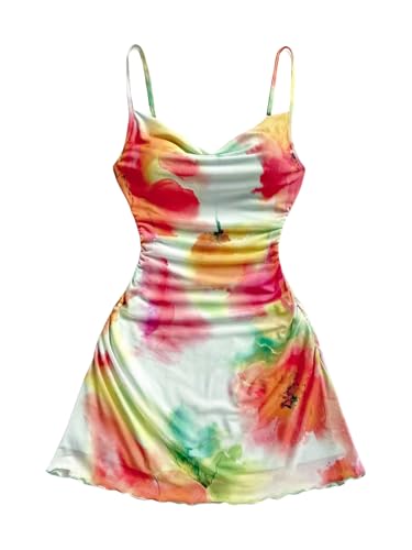 Image of BEAUDRM Women's Y2k Floral Mini Dress Summer Beach Vacation Dress Mesh Ruched Spaghetti Strap A Line Sundress