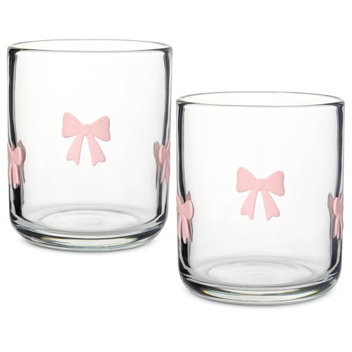 Skylety 2 Pack Bow Icon Juice Glass Coquette Bow Aesthetic Cup 14 ounce Double Old Fashioned Icon Handblown Cocktail glasses for Women Friend Party(Pink,Classic)