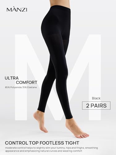 Image of MANZI Control Top Women's Footless Tights Opaque Tights for Dresses 2 Pairs