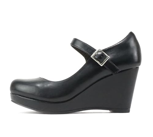 Soda Merry ~ Womens Mary Jane Strap Comfortable Platform Wedge Pump Heel Shoes (Black Pu, US...