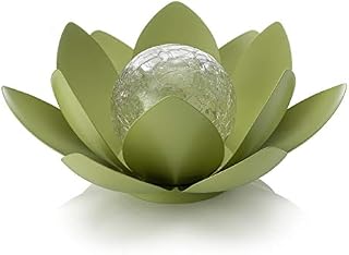 Auraglow Solar Powered Garden Metal & Glass Water Lily Lotus Flower LED Light Lantern Outdoor Table Lamp - Green