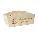 CHICCIE Cesta de regalo personalizable, abeto, texto deseado, 24 x 13 x 8 cm, redondeada, cesta de madera, idea de regalo, caja de madera, árbol de Navidad, calendario de Adviento