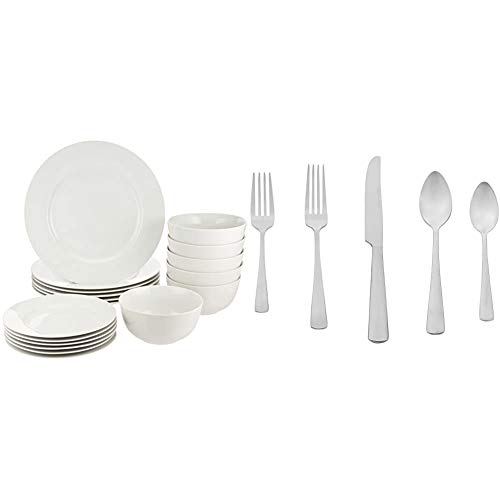 AmazonBasics 18-Piece White Kitchen Dinnerware Set Dishes Bowls Service for 6 20-Piece Stainless Steel Flatware Silverware Set with Square Edge Service for 4