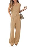 Cicy Bell Women's 2 Piece Outfits V Neck Crop Vest Blazer and Wide Leg Suit Pants Sets Khaki