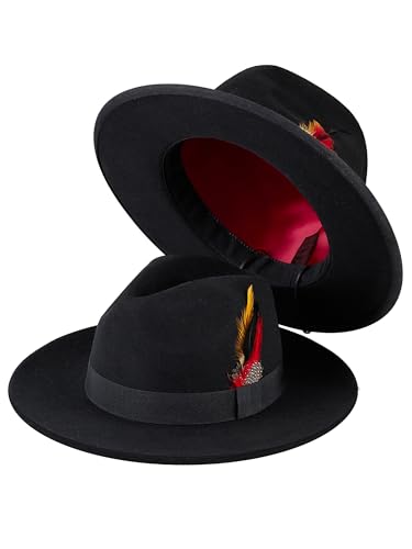 Fedora Hat for Men Women Wool Felt Wide Brim Panama Style with Band Adjustable Drawstring Fit Dress Church Hat (Suits 5658 cm Black)