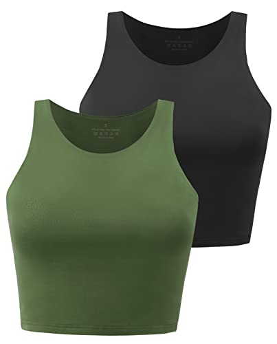BryticFlow Damen Crop Top Sportshirt – Doppellagig mit High Neck & Racerback – Atmungsaktives Fitness Tanktop für Yoga, Gym und Laufen 2er Pack Schwarz/Grün L