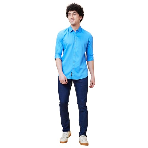 Image of Being Human Blue Slim Straight Fit Regular Collar Long Sleeves Men's Shirt Clothing