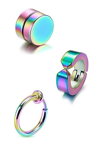 Unisex Renkli 3 Adet Deliksiz Sıkıştırmalı Mıknatıslı Çelik Küpe Set (Renkli)