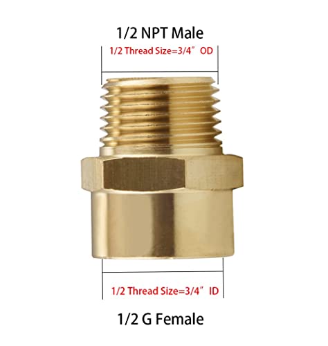 Inwindrain 2 Pack 1/2" G (BSP) Female Thread to US 1/2" NPT Male Thread Pipe Fitting,Brass Pipe Fitting Adapter,G to NPT Adapter 1/2 Inch