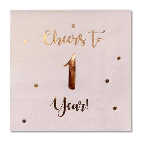 Cheers to 1 Year Cocktail Napkins | Happy 1st Birthday Decorations for Men and Women and Wedding Anniversary Party Decorations | 50-Pack 3-Ply Napkins | 5 x 5 inch folded (Pink) Cover