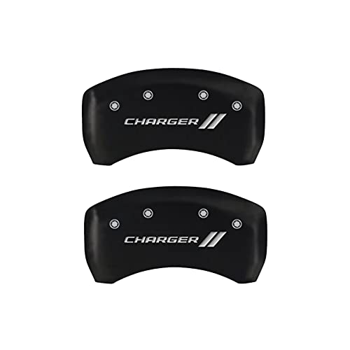 Image of MGP Caliper Covers - Brake Caliper Covers for 2011-2023 Dodge Challenger & 2011-2023 Dodge Charger (Requires Dual Piston Front Caliper) Front and Rear Set - Engraved Charger / / Logo (Red)