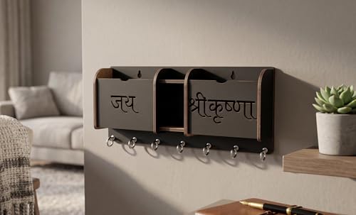 Image of Wall Key Holder and Mail Organizer for Home, with Jai Shri Krishna Design, Wooden Wall Mounted Key Hanger with 7 Metal Hooks, Dual Letter Pockets & Central Slot for Mail /Bills /Eyeglasses