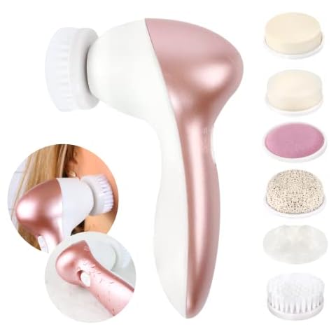 Electric Facial Cleanser - Compact and Lightweight Face Massager - Battery Operated with 7 Heads and 2 Speed Setting - Rose Gold Cover