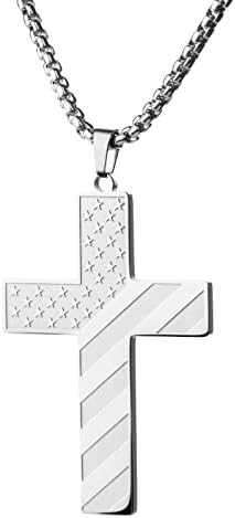 Stainless Steel Silver Cross Necklace for Men Boys 18K Real White Gold Plated American Flag Pendant Chain Bible Verse Inspirational Necklaces 18 Inches
