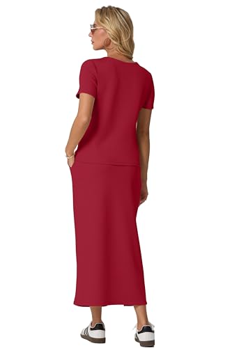 Image of GRECERELLE Women Summer Casual 2 Piece Sets V-Neck Wrinkle-Free Top & Elastic Waist Midi Side Slit Skirt with Pockets