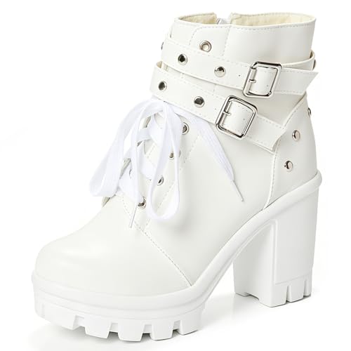 Image of FOREADA Goth Boots Chunky Heel Boot For Women Ankle Combat Booties Black Platform Bootie Buckle Rivets Punk Goth Shoes With Zipper