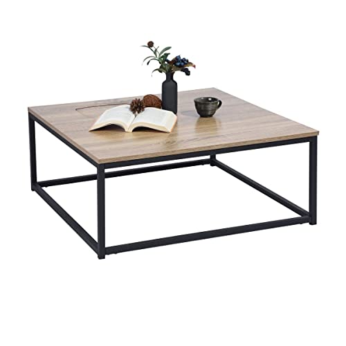MEUBLE COSY Table Basse carrée de Salon, Style Industriel, Cadre en Acier, finition chêne et Noir, 80x80x34cm